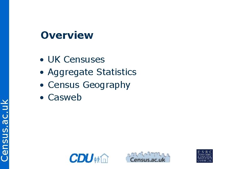 Census. ac. uk Overview • • UK Censuses Aggregate Statistics Census Geography Casweb 