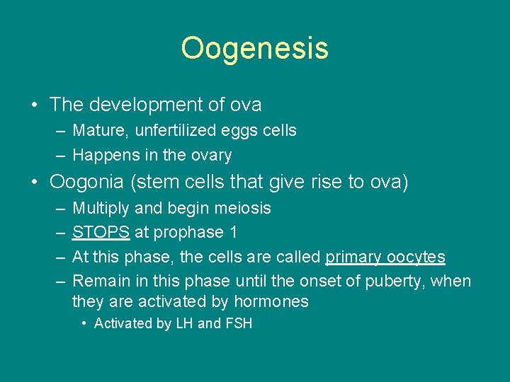 Oogenesis • The development of ova – Mature, unfertilized eggs cells – Happens in