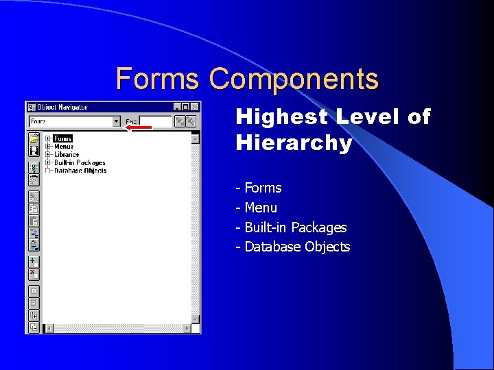 Forms Components Highest Level of Hierarchy - Forms Menu Built-in Packages Database Objects 