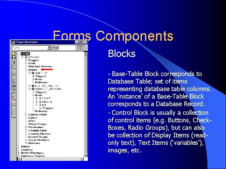 Forms Components Blocks - Base-Table Block corresponds to Database Table; set of items representing