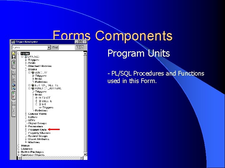 Forms Components Program Units - PL/SQL Procedures and Functions used in this Form. 
