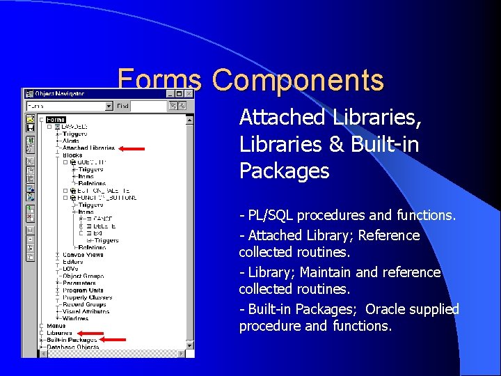 Forms Components Attached Libraries, Libraries & Built-in Packages - PL/SQL procedures and functions. -