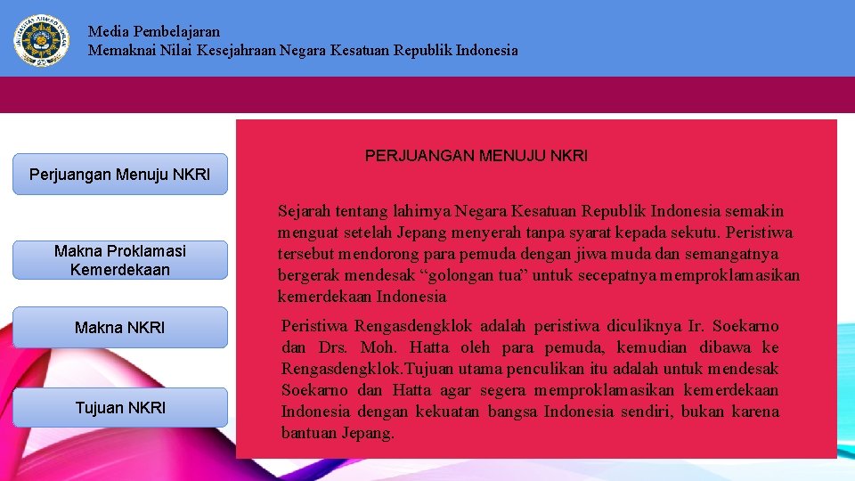 Media Pembelajaran Memaknai Nilai Kesejahraan Negara Kesatuan Republik Indonesia PERJUANGAN MENUJU NKRI Perjuangan Menuju