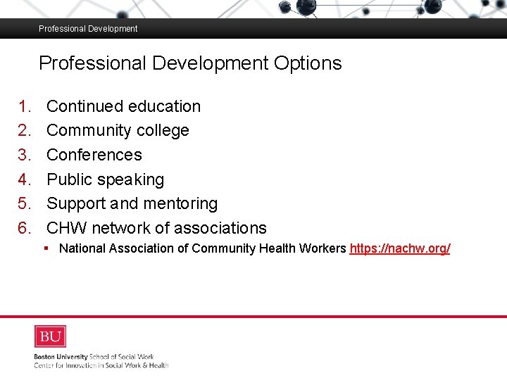 Professional Development Options 1. 2. 3. 4. 5. 6. Boston University Slideshow Title Goes