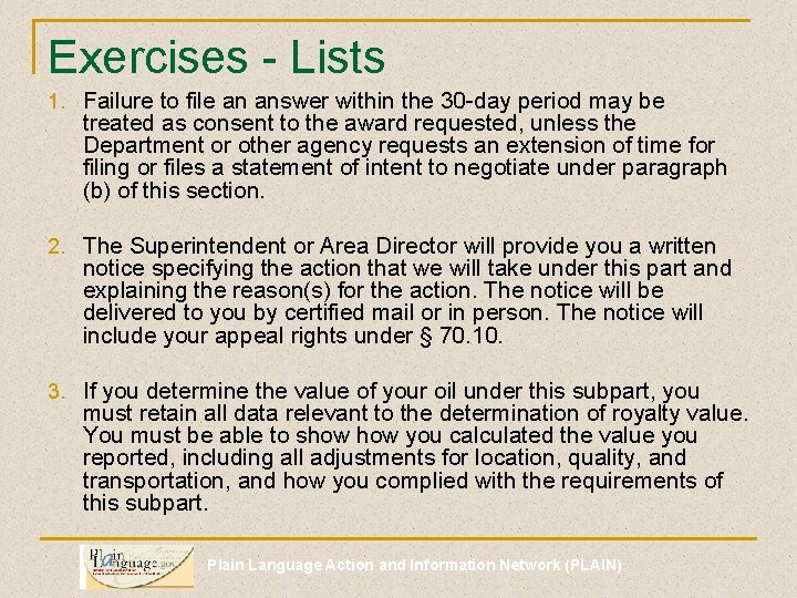 Exercises - Lists 1. Failure to file an answer within the 30 -day period