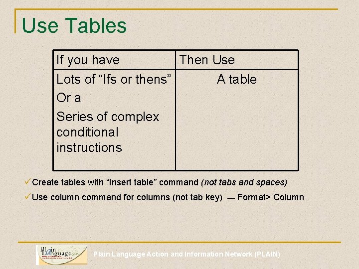 Use Tables If you have Then Use Lots of “Ifs or thens” A table