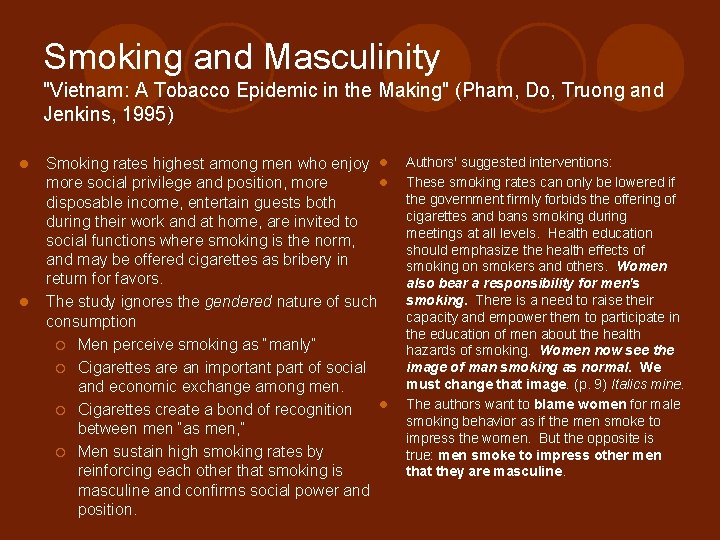 Smoking and Masculinity "Vietnam: A Tobacco Epidemic in the Making" (Pham, Do, Truong and