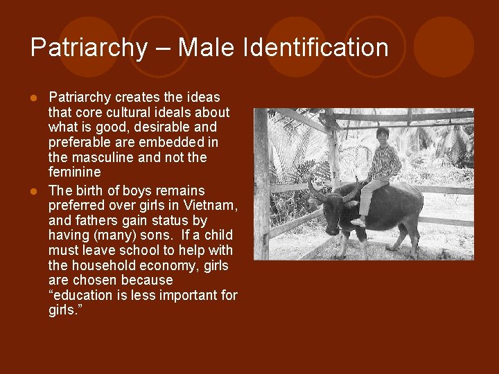 Patriarchy – Male Identification Patriarchy creates the ideas that core cultural ideals about what