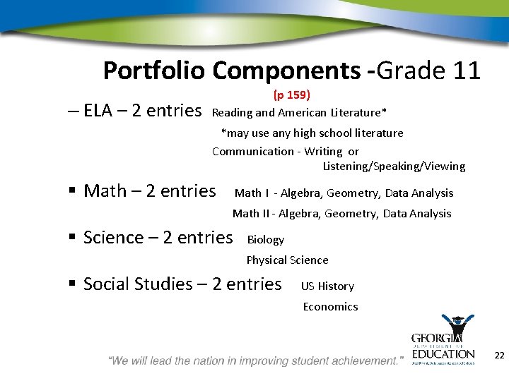 Portfolio Components -Grade 11 – ELA – 2 entries (p 159) Reading and American