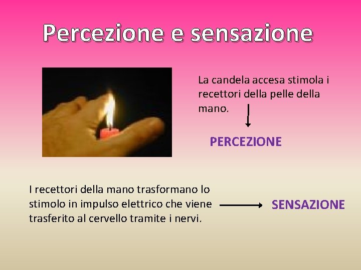 Percezione e sensazione La candela accesa stimola i recettori della pelle della mano. PERCEZIONE