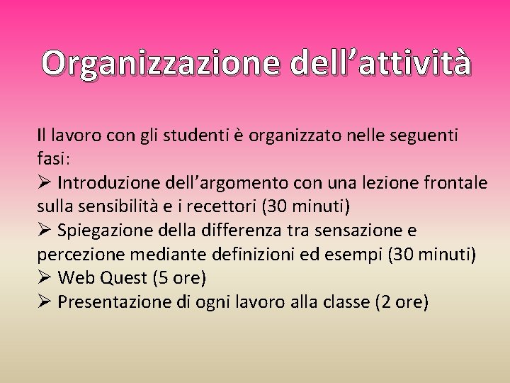 Organizzazione dell’attività Il lavoro con gli studenti è organizzato nelle seguenti fasi: Ø Introduzione