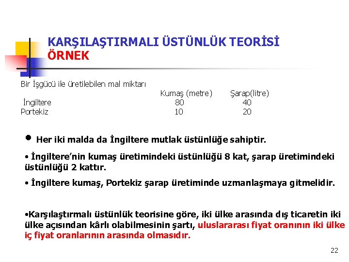 KARŞILAŞTIRMALI ÜSTÜNLÜK TEORİSİ ÖRNEK Bir İşgücü ile üretilebilen mal miktarı İngiltere Portekiz Kumaş (metre)