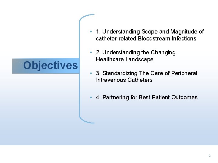  • 1. Understanding Scope and Magnitude of catheter-related Bloodstream Infections Objectives • 2.