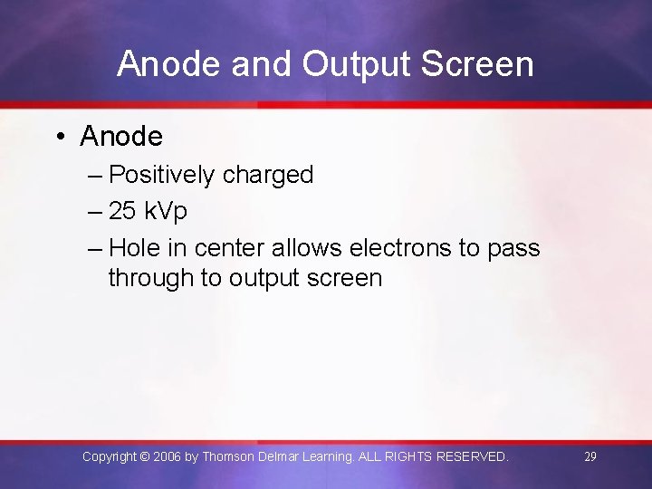 Anode and Output Screen • Anode – Positively charged – 25 k. Vp –