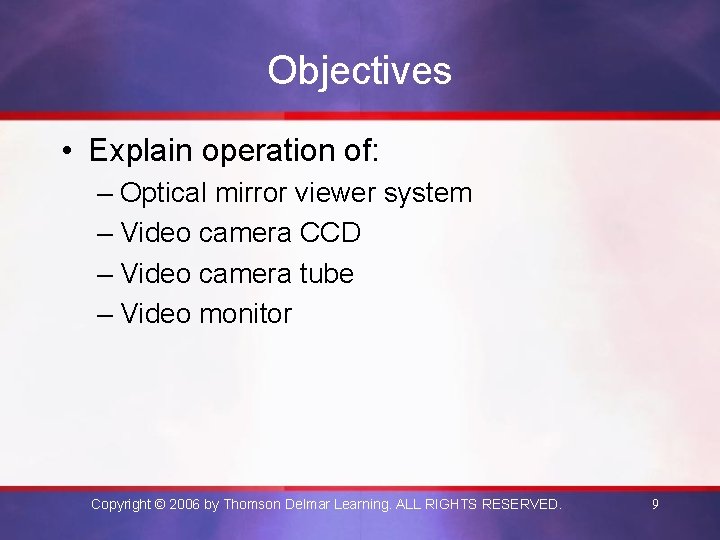 Objectives • Explain operation of: – Optical mirror viewer system – Video camera CCD