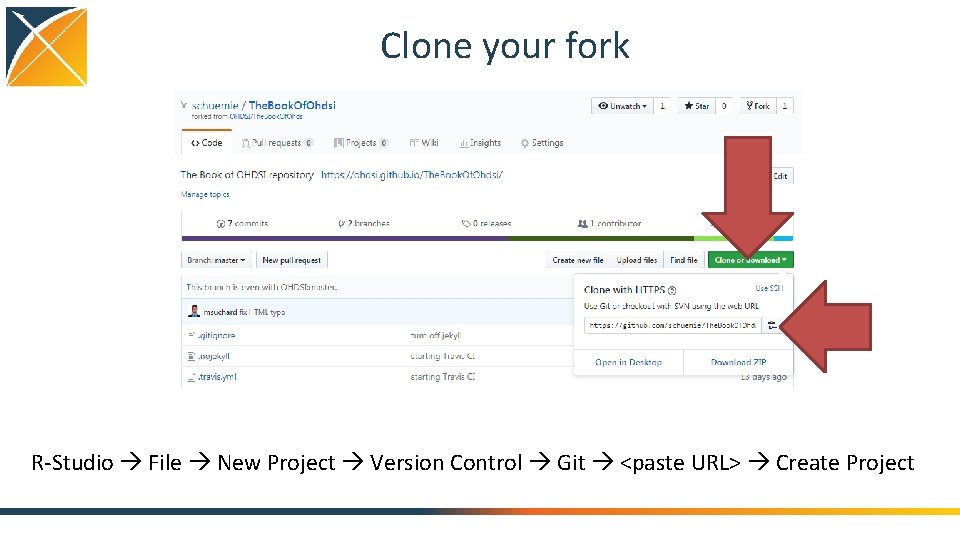 Clone your fork R-Studio File New Project Version Control Git <paste URL> Create Project