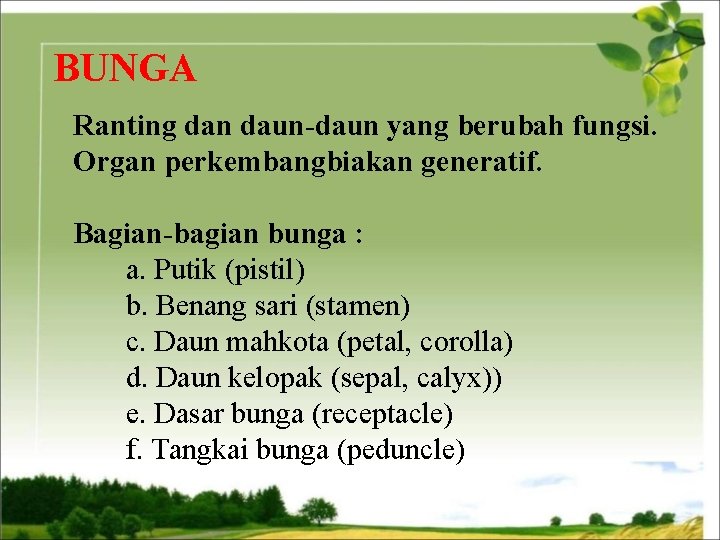 BUNGA Ranting dan daun-daun yang berubah fungsi. Organ perkembangbiakan generatif. Bagian-bagian bunga : a.