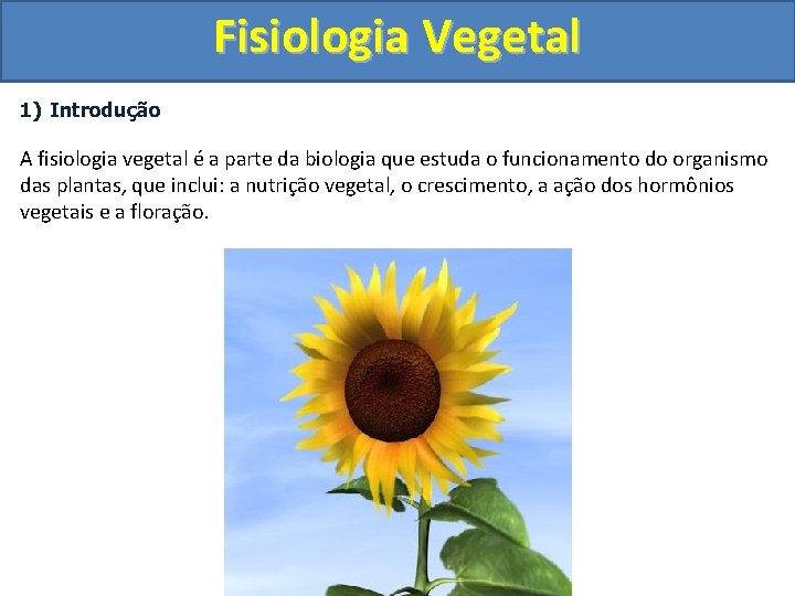 Fisiologia Vegetal 1) Introdução A fisiologia vegetal é a parte da biologia que estuda
