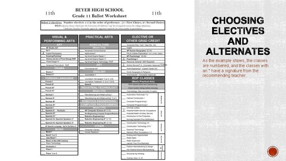 As the example shows, the classes are numbered, and the classes with an *