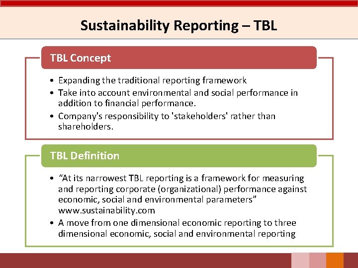 Sustainability Reporting – TBL Concept • Expanding the traditional reporting framework • Take into