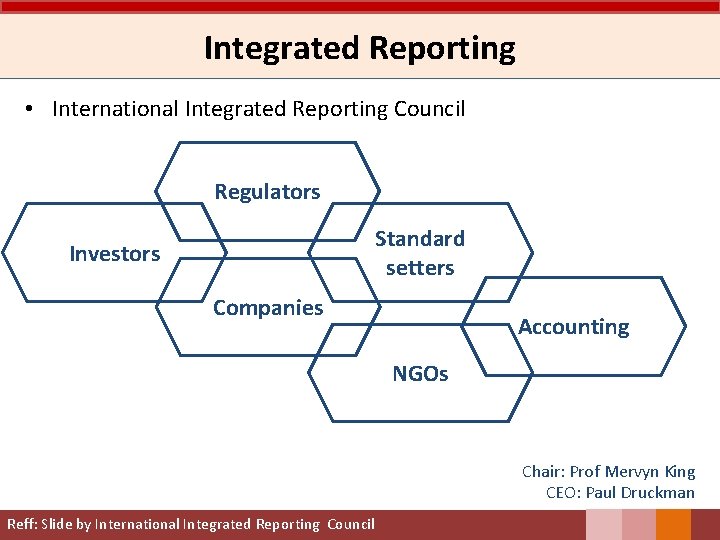 Integrated Reporting • International Integrated Reporting Council Regulators Standard setters Investors Companies Accounting NGOs