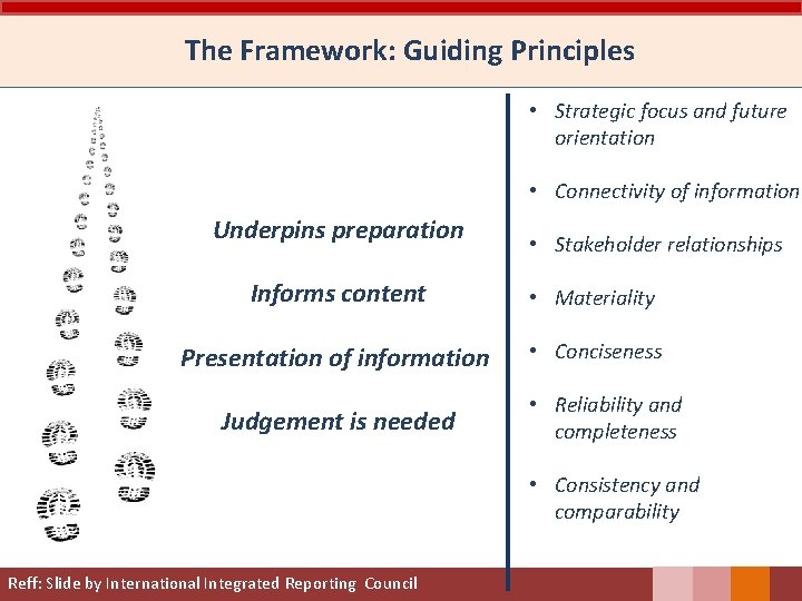 The Framework: Guiding Principles • Strategic focus and future orientation • Connectivity of information