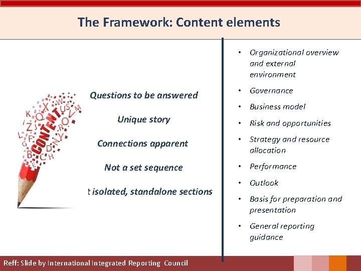 The Framework: Content elements • Organizational overview and external environment Questions to be answered