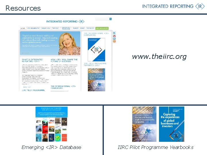Resources www. theiirc. org Emerging <IR> Database IIRC Pilot Programme Yearbooks 