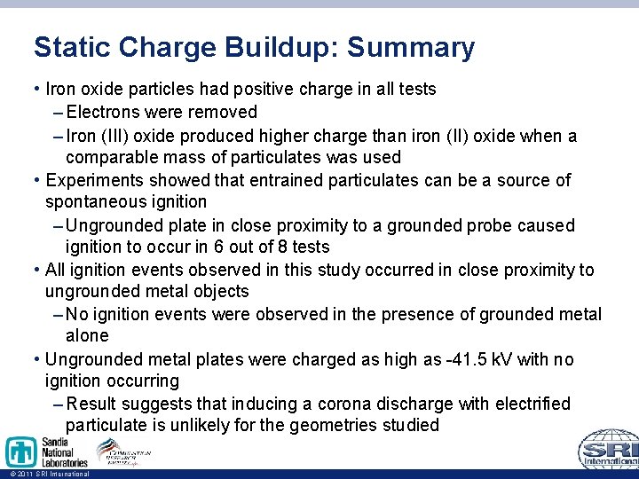 Static Charge Buildup: Summary • Iron oxide particles had positive charge in all tests