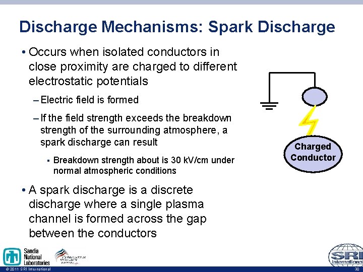 Discharge Mechanisms: Spark Discharge • Occurs when isolated conductors in close proximity are charged