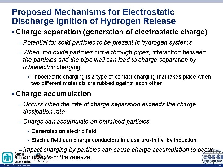 Proposed Mechanisms for Electrostatic Discharge Ignition of Hydrogen Release • Charge separation (generation of