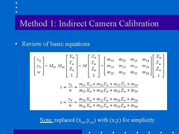 Method 1: Indirect Camera Calibration • Review of basic equations Note: replaced (xim, yim)