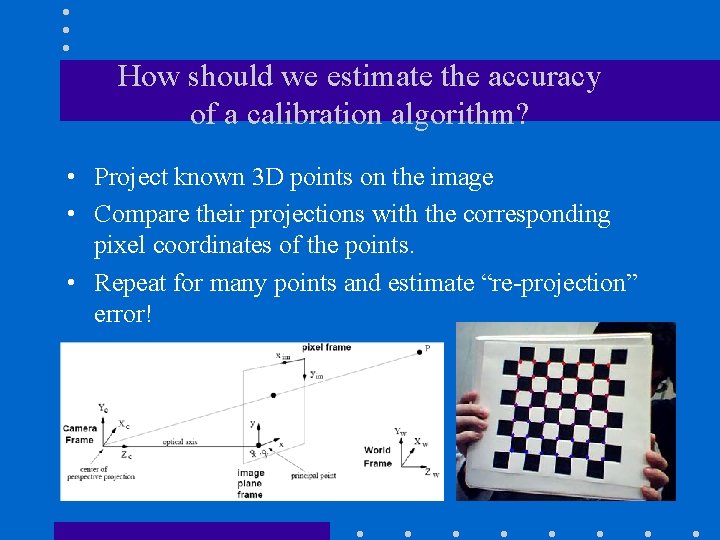 How should we estimate the accuracy of a calibration algorithm? • Project known 3