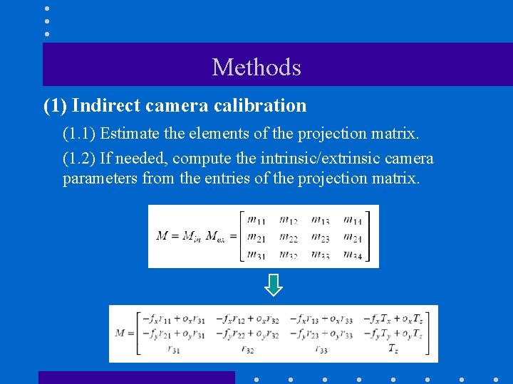 Methods (1) Indirect camera calibration (1. 1) Estimate the elements of the projection matrix.