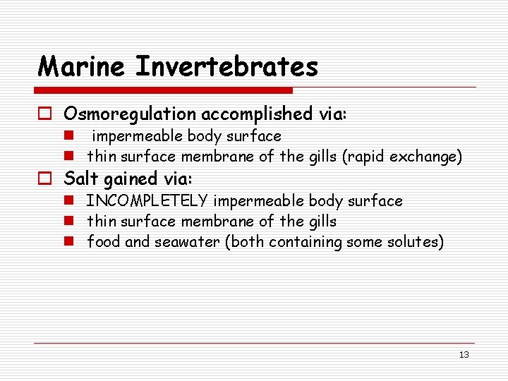 Marine Invertebrates o Osmoregulation accomplished via: n impermeable body surface n thin surface membrane