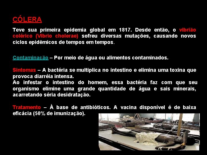 CÓLERA Teve sua primeira epidemia global em 1817. Desde então, o vibrião colérico (Vibrio