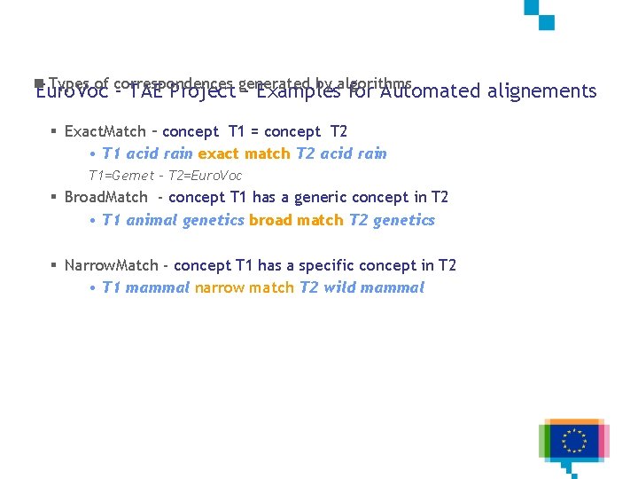 n Types of correspondences generated by algorithms Euro. Voc – TAE Project – Examples