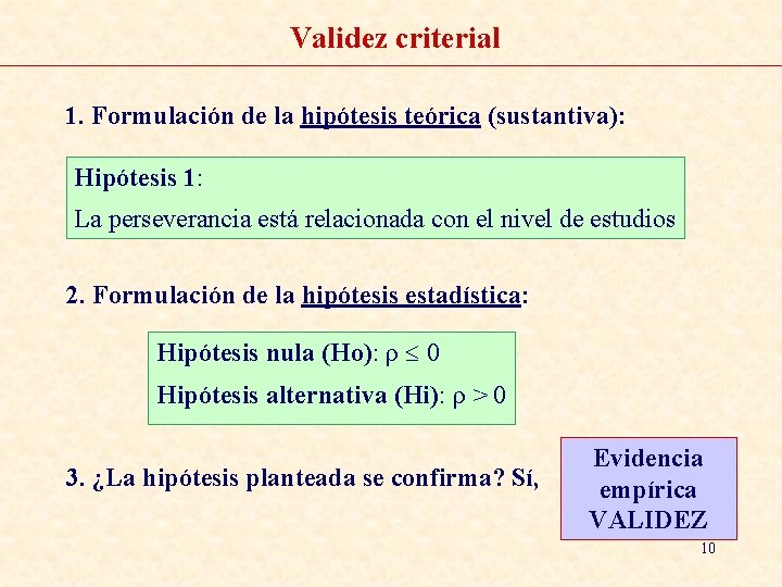 Validez criterial 1. Formulación de la hipótesis teórica (sustantiva): Hipótesis 1: La perseverancia está