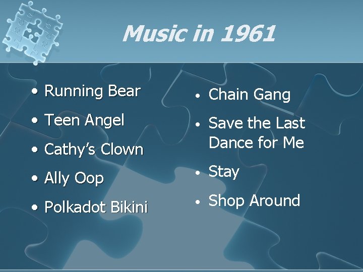 Music in 1961 • Running Bear • Chain Gang • Teen Angel • Save