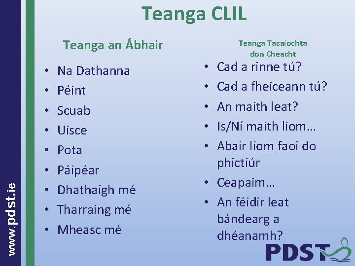 Teanga CLIL www. pdst. ie Teanga an Ábhair • • • Na Dathanna Péint