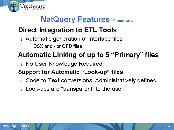 Nat. Query Features l continued. . . Direct Integration to ETL Tools ä Automatic