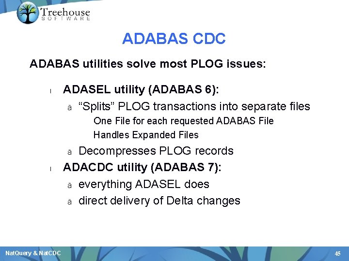 ADABAS CDC ADABAS utilities solve most PLOG issues: l ADASEL utility (ADABAS 6): ä