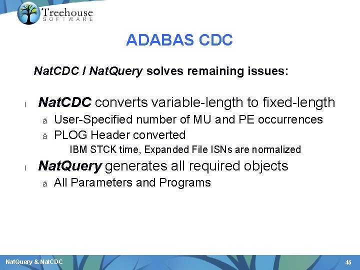 ADABAS CDC Nat. CDC / Nat. Query solves remaining issues: l Nat. CDC converts