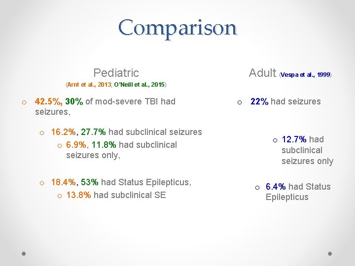 Comparison Pediatric Adult (Vespa et al. , 1999) (Arnt et al. , 2013; O’Neill