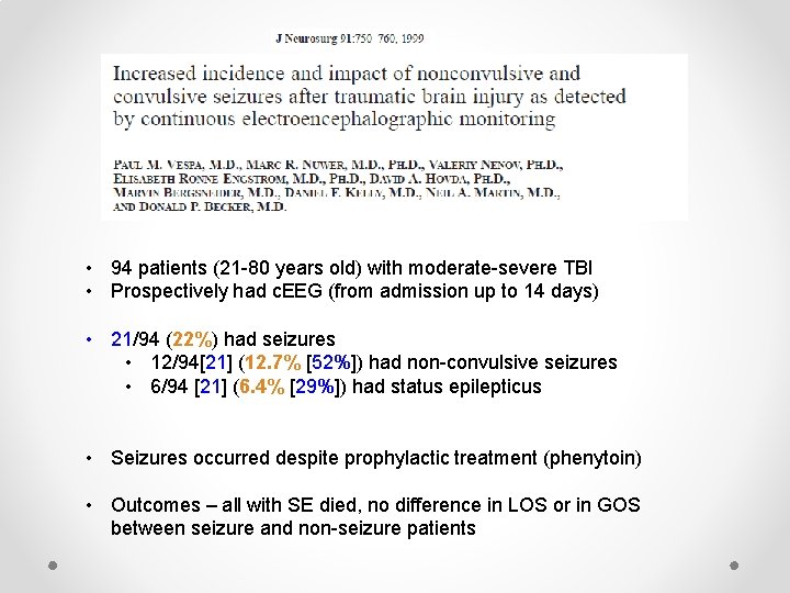  • 94 patients (21 -80 years old) with moderate-severe TBI • Prospectively had