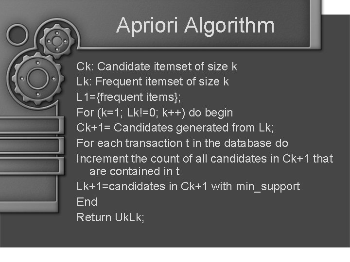 Apriori Algorithm Ck: Candidate itemset of size k Lk: Frequent itemset of size k