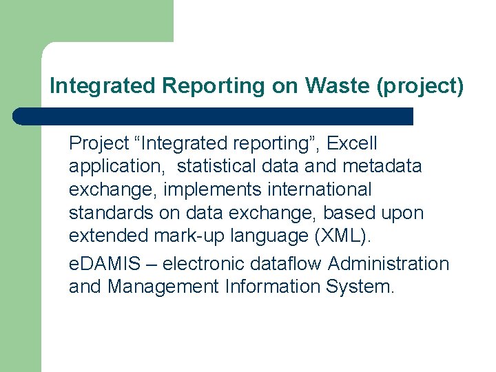 Integrated Reporting on Waste (project) Project “Integrated reporting”, Excell application, statistical data and metadata