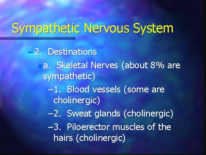 Sympathetic Nervous System – 2. Destinations n a. Skeletal Nerves (about 8% are sympathetic)