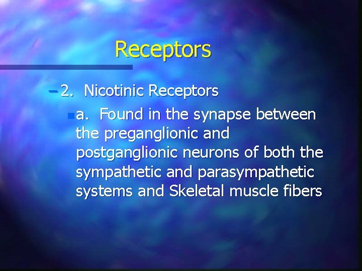 Receptors – 2. Nicotinic Receptors n a. Found in the synapse between the preganglionic