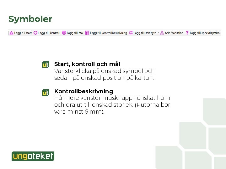 Symboler Start, kontroll och mål Vänsterklicka på önskad symbol och sedan på önskad position